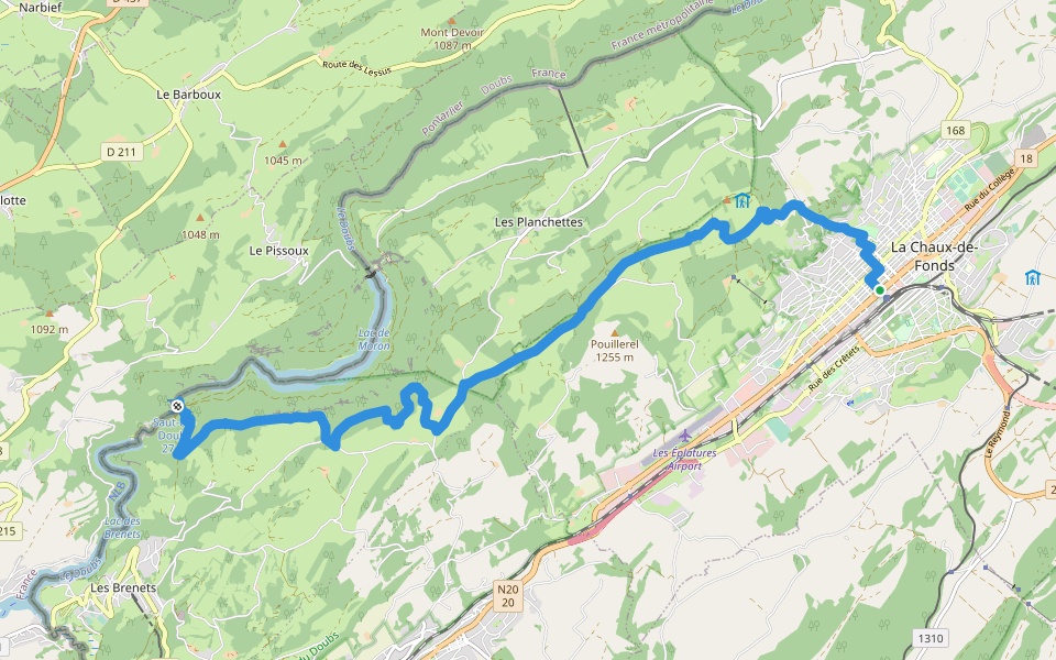La Chaux-de-Fonds - Saut du Doubs walking route map in La Chaux-de-Fonds