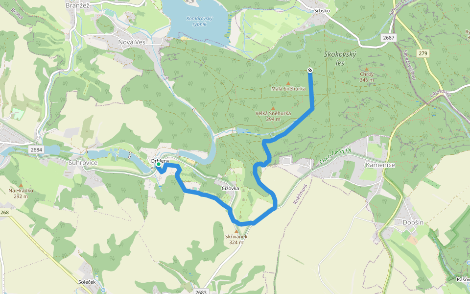 Drhleny - Pod Malou Sněhurkou walking route map in Kněžmost