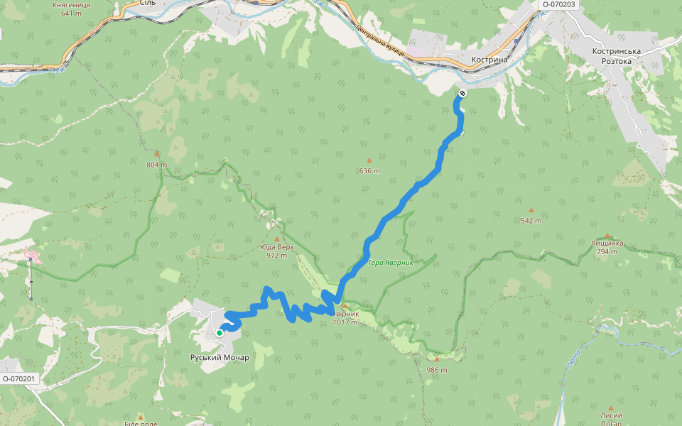 Kostryna-Javornik-Veliky Berezny walking route map in Rus'kyi Mochar