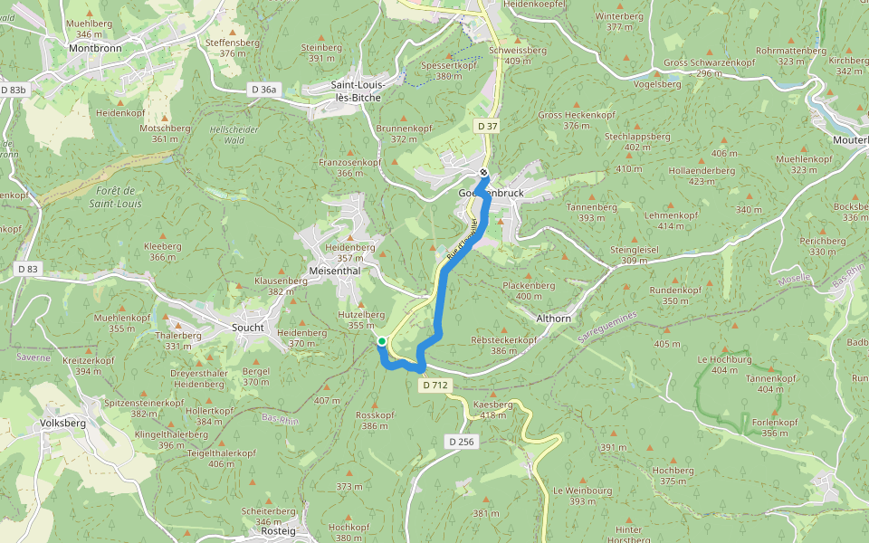 Yellow triangle walking route map in Meisenthal
