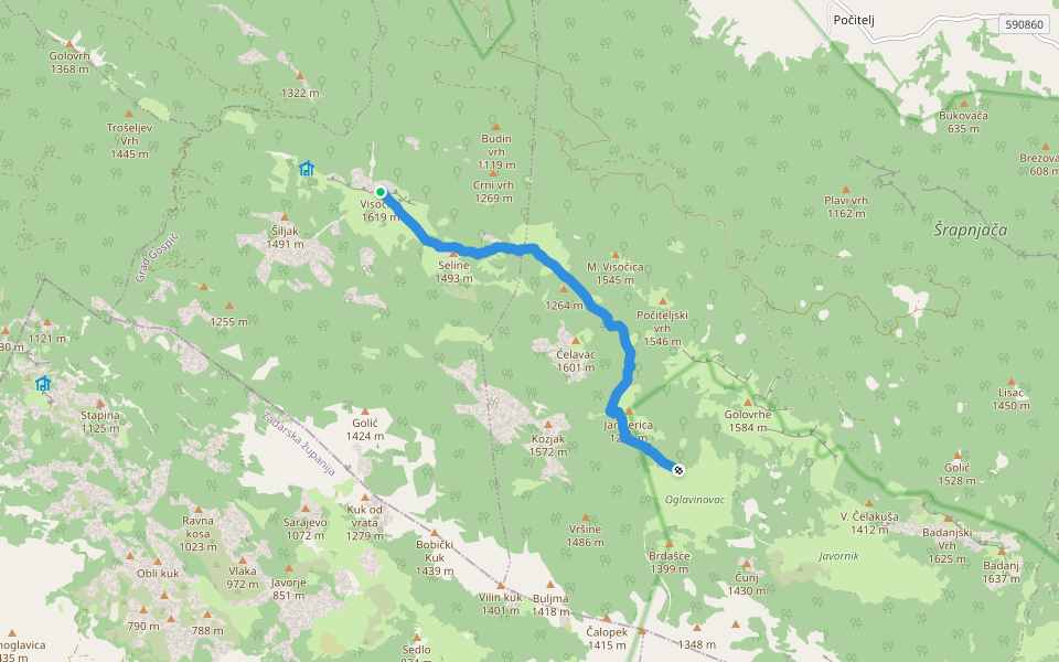 Oglavinovac - Visočica walking route map in Lički Čitluk