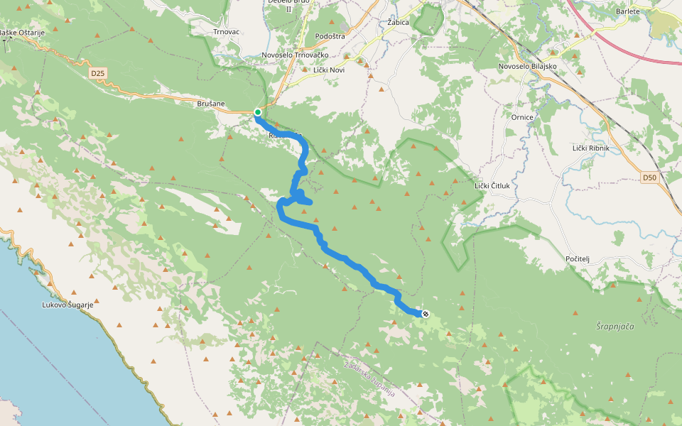 Brušane - Visočica walking route map in Brušane