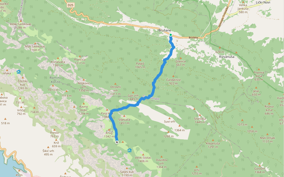 Brušane - Ripište walking route map in Brušane