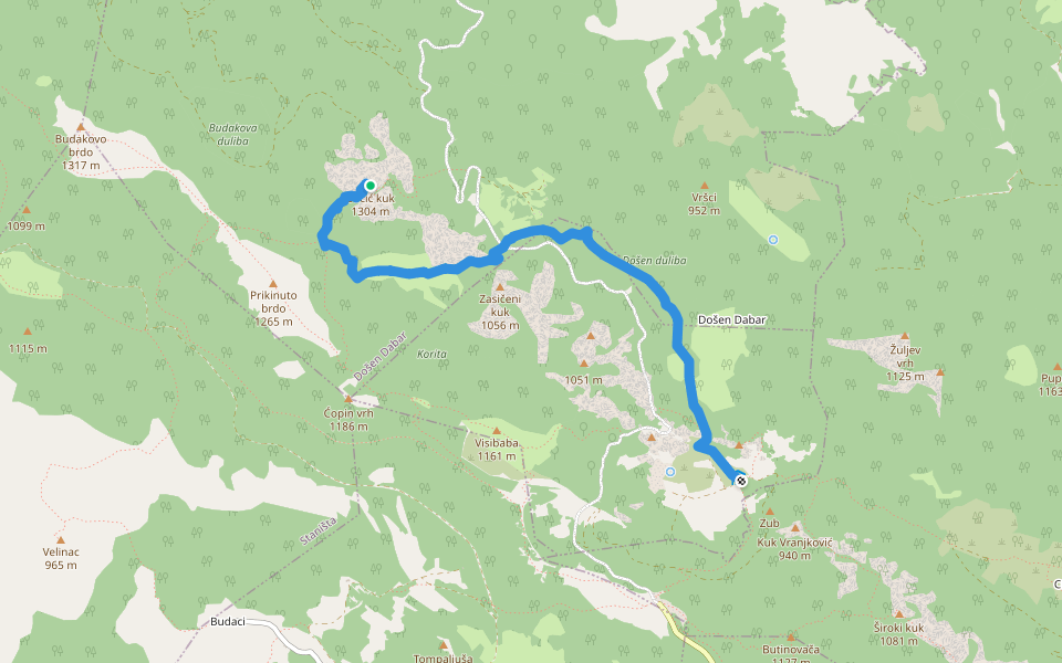 Bačić kuk iz Ravnog Dabra preko Bačić dulibe i Ripinovca walking route map in Došen Dabar