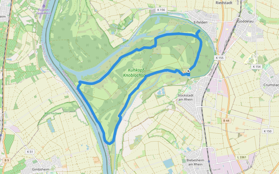 Rundwanderweg Riedstadt Erfelder Fußgängerbrücke 3: Haubentaucherweg walking route map in Stockstadt am Rhein