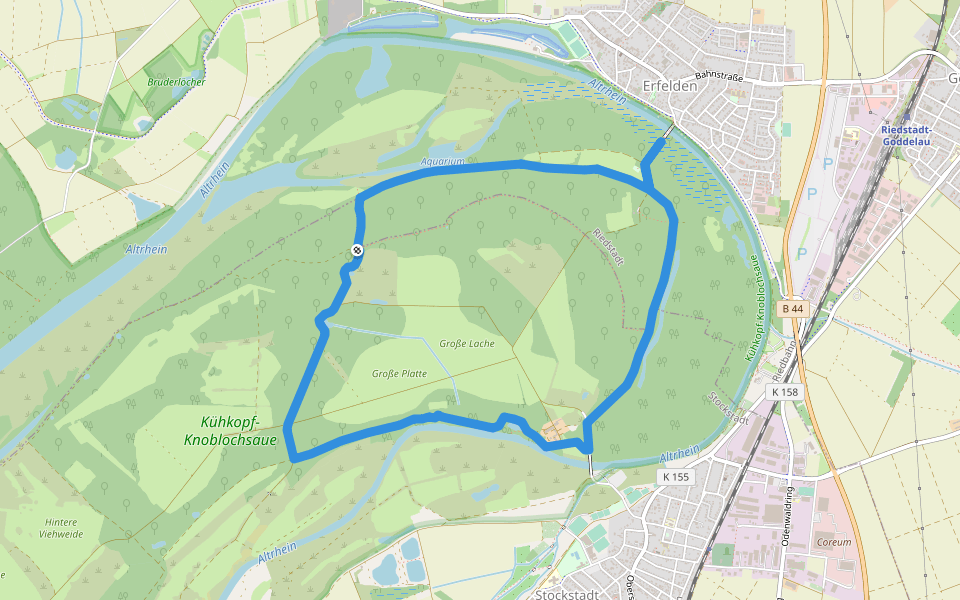 Rundwanderweg Riedstadt Erfelder Fußgängerbrücke 2: Nachtigallenweg walking route map in Stockstadt am Rhein