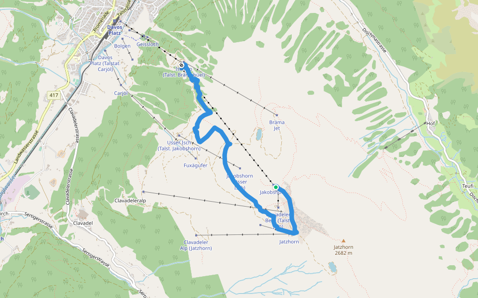 Jakobshorn - Ischalp walking route map in Davos Platz
