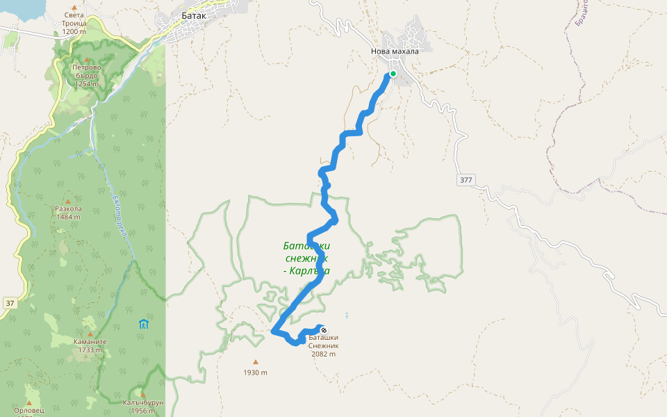 Нова Махала - вр. Баташки Снежник walking route map in Nova mahala