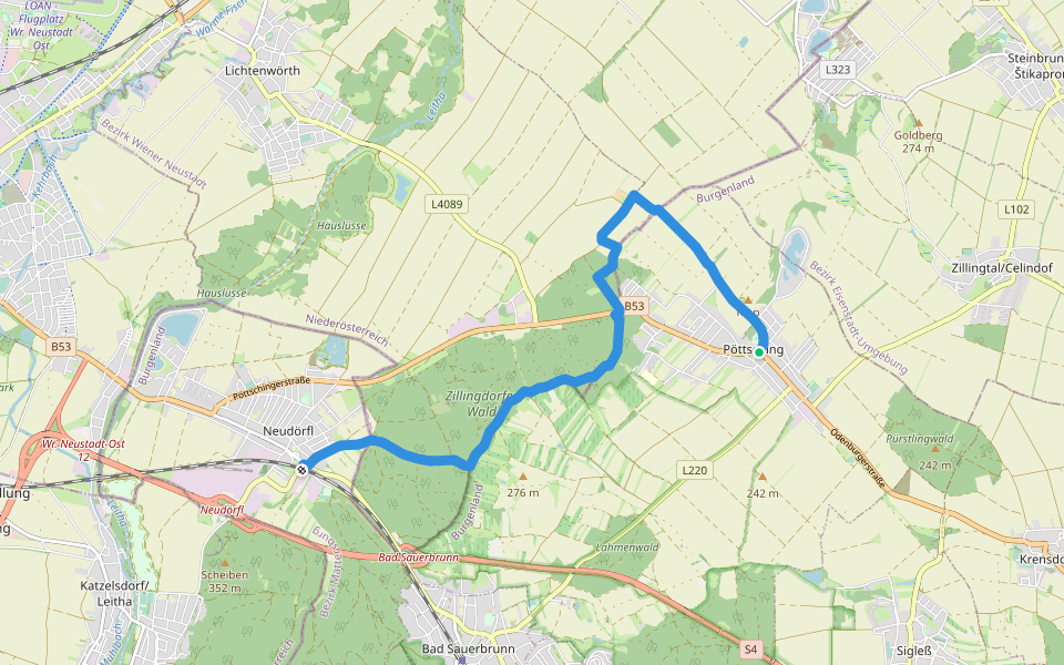 Pöttsching - GH zur Grenze - Neudörfl Bhf walking route map in Pöttsching