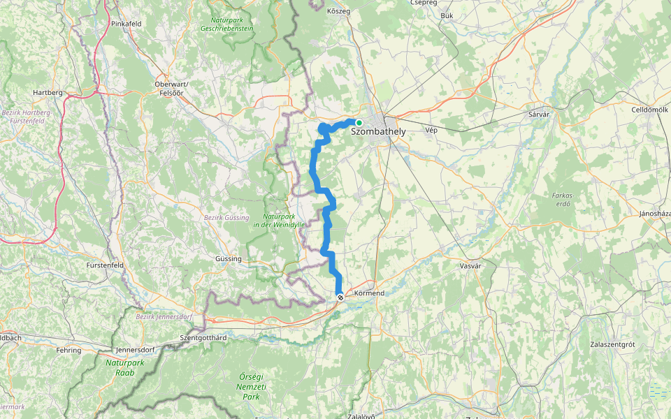 P (Nyugat-dunántúli Piros) walking route map in Szombathely