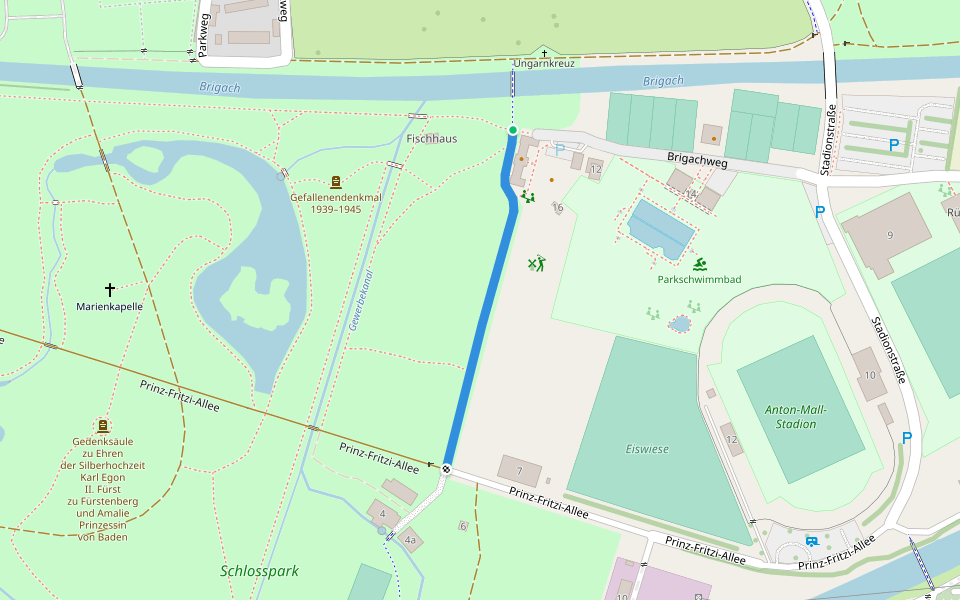 Schloßpark walking route map in Donaueschingen