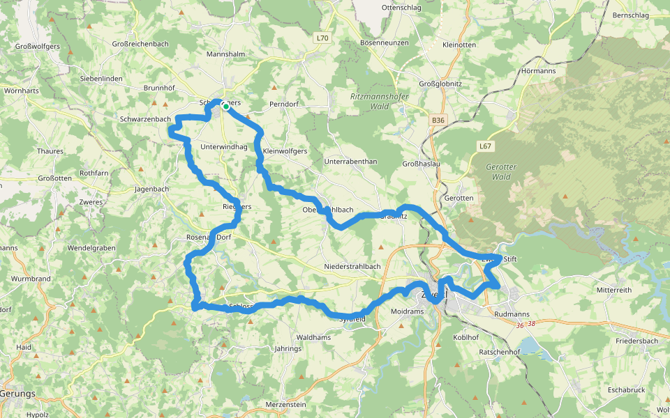 Thayaquellenweg 623 walking route map in Schweiggers
