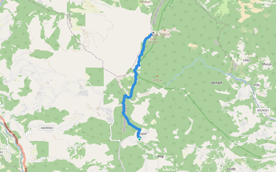 Lespar - Mohare danda walking route map in Kyang