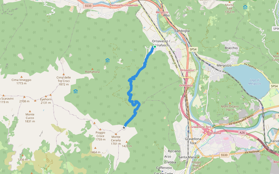 A13 - Ornavasso - bivio T06 Monte Cerano walking route map in Ornavasso