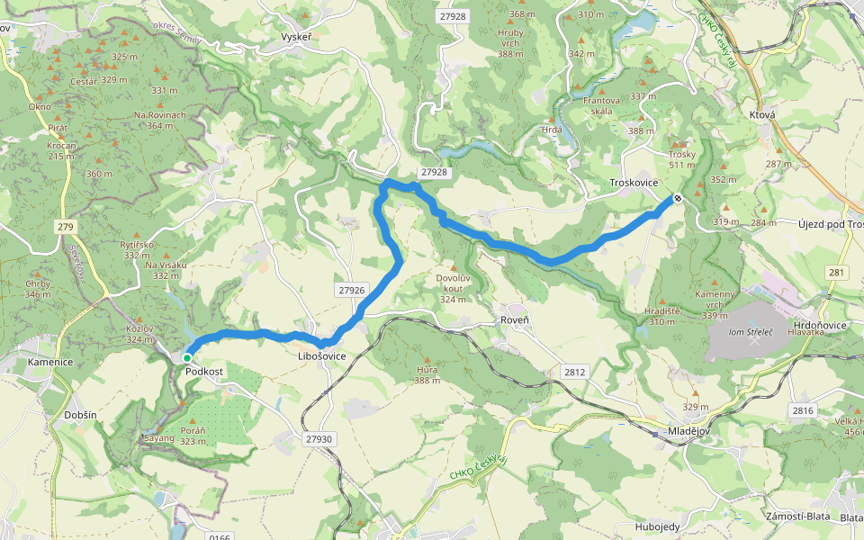 [Č] Podkost, Hrad Kost - Svitačka táboř. (rozc.) walking route map in Libošovice