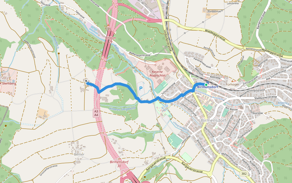 Birmensdorf Bahnhof - Hafnerberg walking route map in Birmensdorf