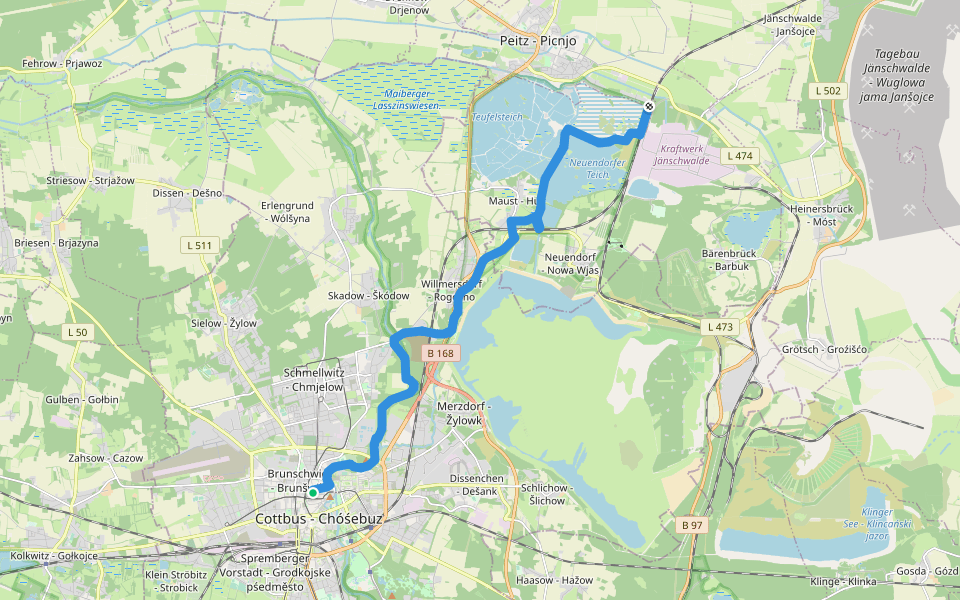 CB Jugendherberge - Peitz Ostbahnhof. walking route map in Cottbus