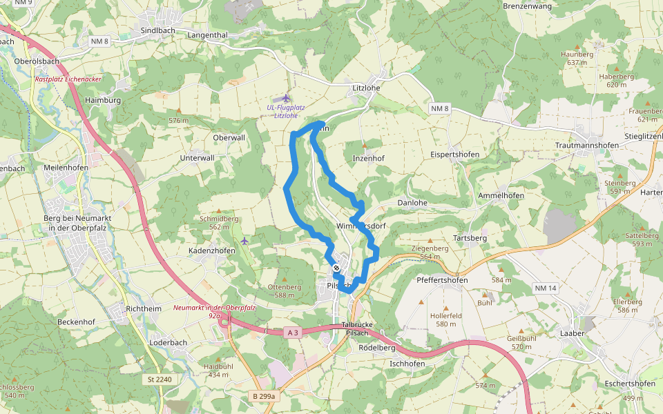 Wünner Rundweg walking route map in Pilsach