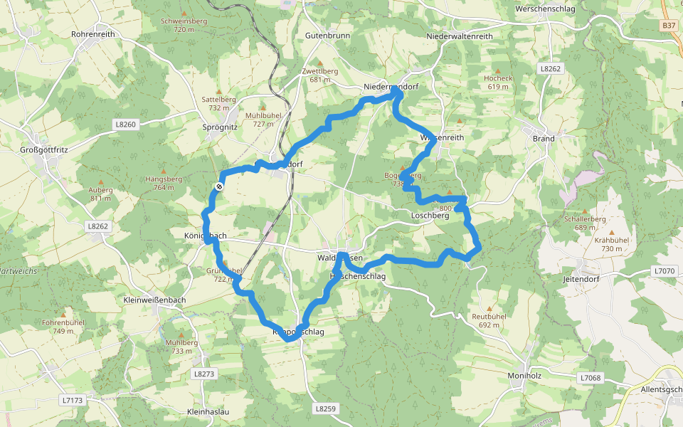 Rundwanderweg Waldhausen 70 walking route map in Obernondorf