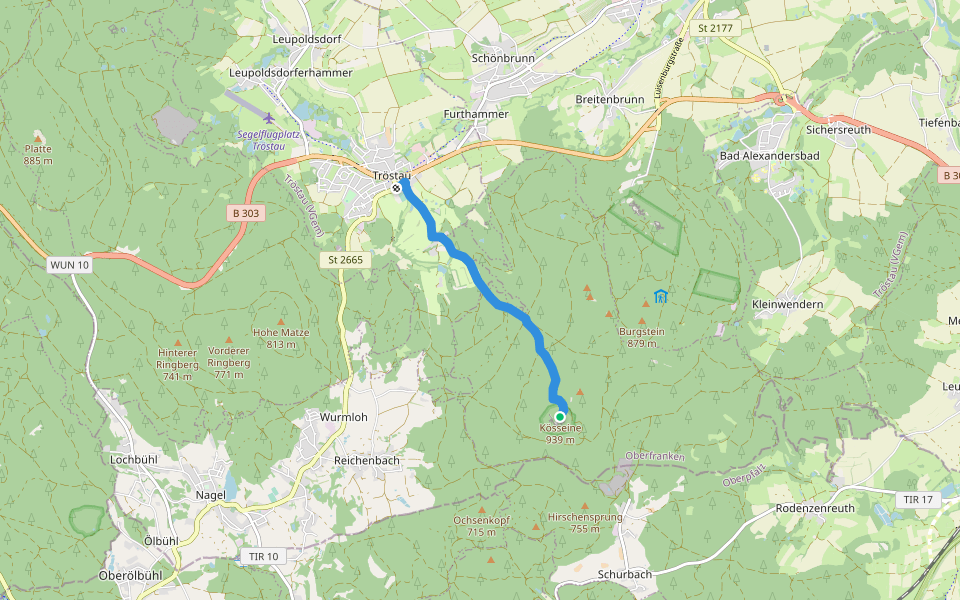 Verbindungsweg Tröstau-Kösseine walking route map in Tröstauer Forst-Ost