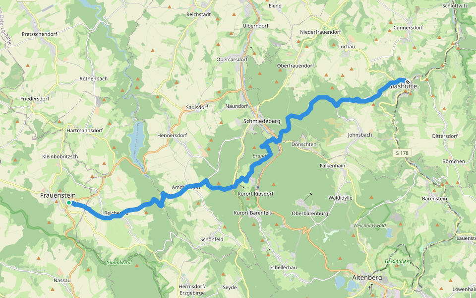 Fernwanderweg Görlitz - Greiz (Teil: Glashütte - Reichenau) walking route map in Frauenstein