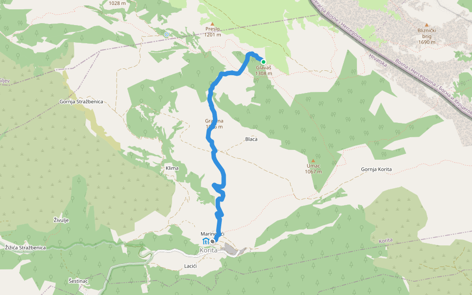 Korita-Glavaš walking route map in Gljev