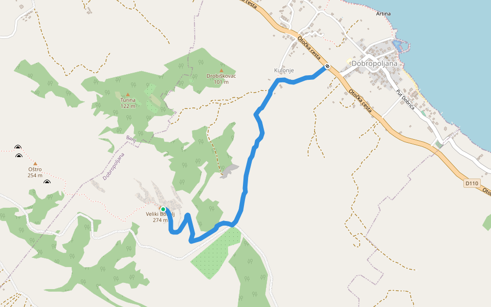 Veliki Bokolj walking route map in Dobropoljana