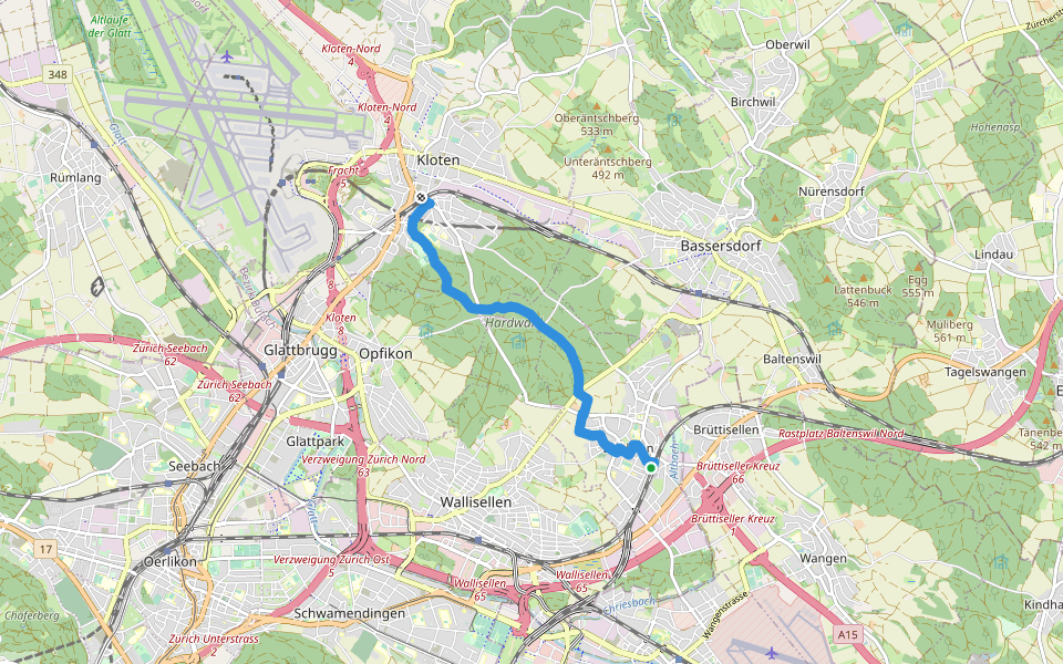 Dietlikon - Kloten walking route map in Dietlikon