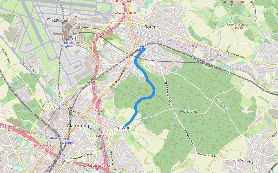 Kloten - Opfikon walking route map in Opfikon