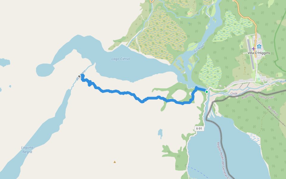 Sendero Rio Negro walking route map in Villa O'higgins