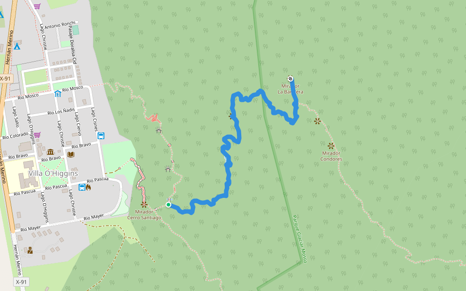 Sendero La Bandera walking route map in Villa O'higgins