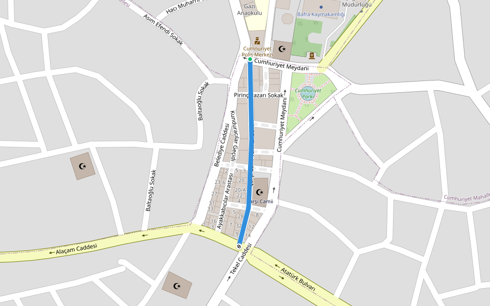 Çarşı Cami Vakıflar Sokak walking route map in Terme