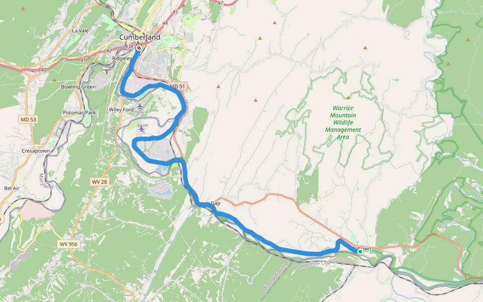 Chesapeake and Ohio Canal Trail walking route map in Oldtown