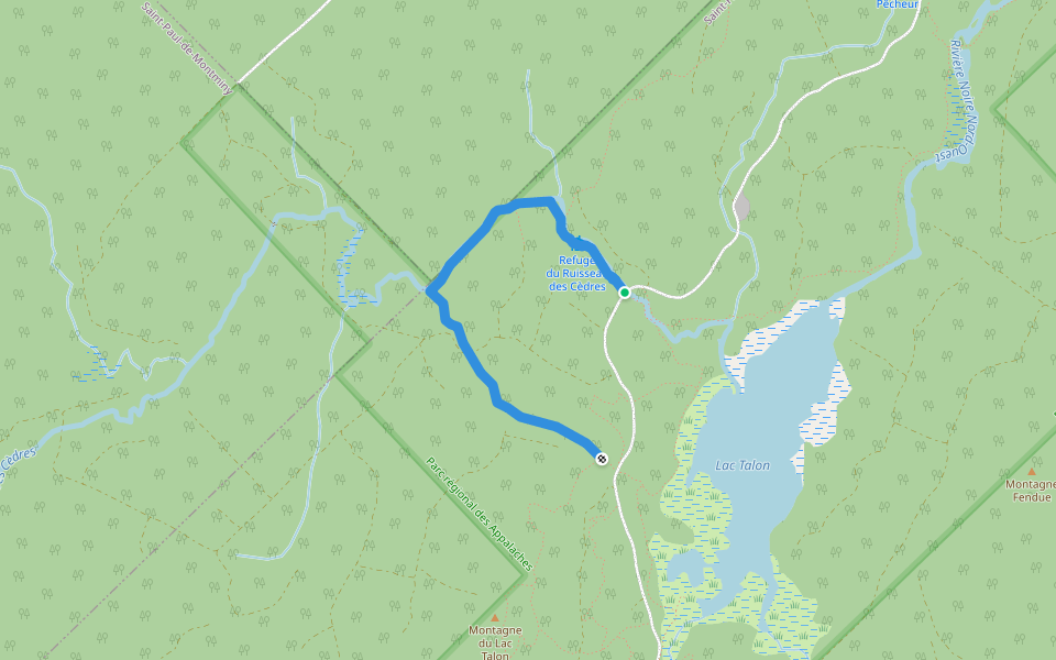 Sentier des Chutes du ruisseau des Cèdres walking route map in Lac-Frontière