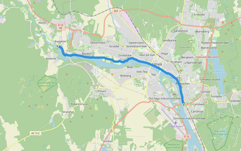 Strandpromenaden walking route map in Umeå