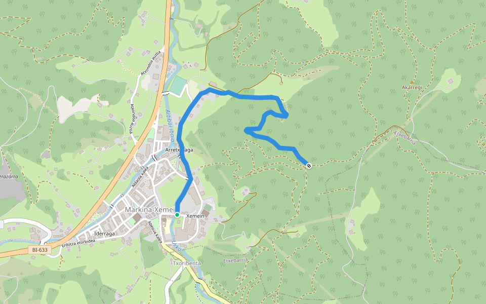 PR-BI 22.1 Barroeta eta Arretxinagako saihesbidea / Variante de Barroeta y Arretxinaga walking route map in Marquina-Jeméin