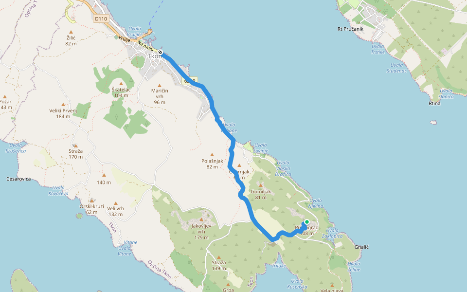 Pustograd walking route map in Tkon