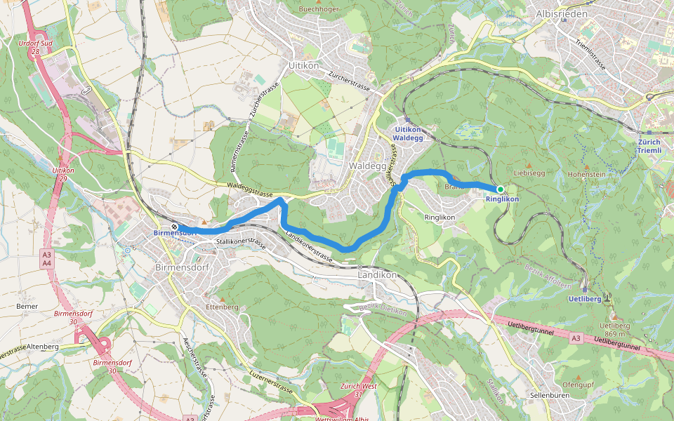 Birmensdorf - Ringlikon Haltestelle walking route map in Uitikon