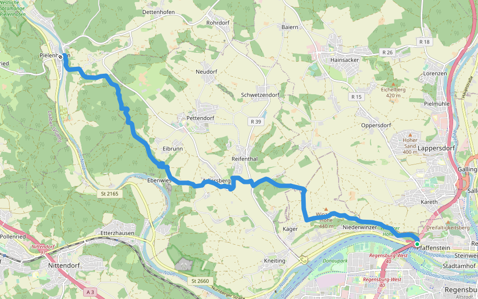 Wanderroute W 01 Regensburg - Pielenhofen (Rotes Dreieck) walking route map in Regensburg