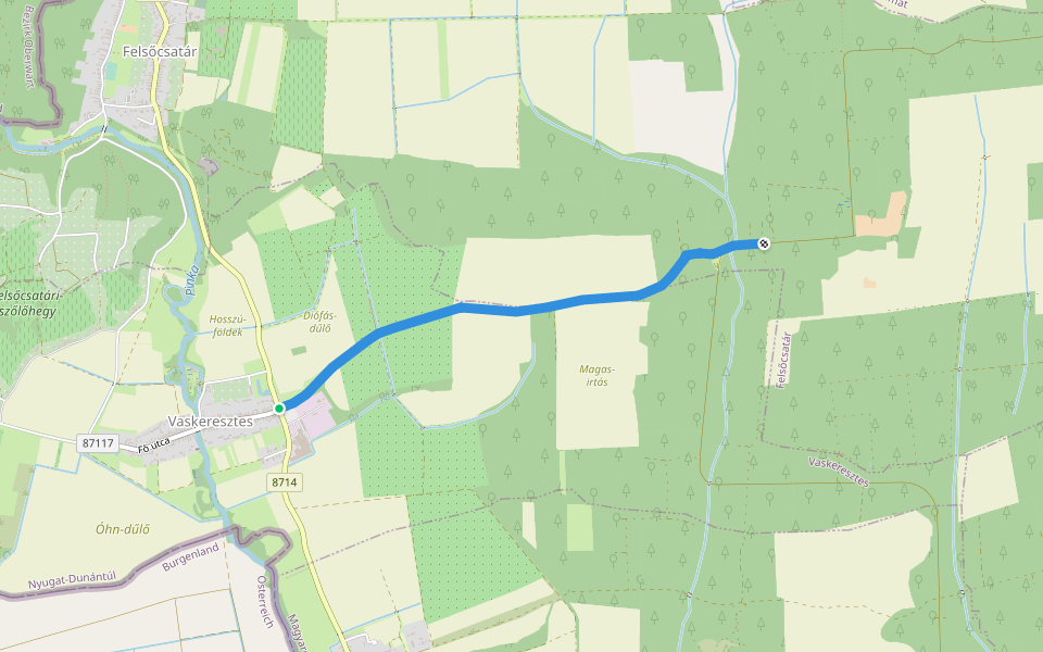 P+ (vaskeresztes) walking route map in Vaskeresztes
