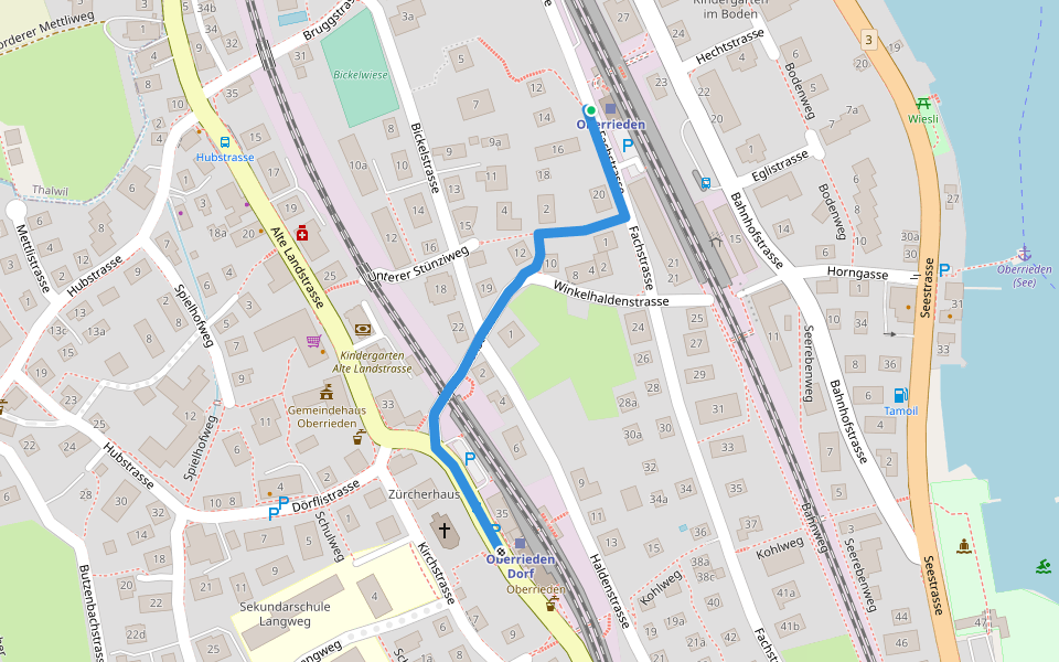 Oberrieden (Bahnhof) - Oberrieden Dorf (Bahnhof) walking route map in Oberrieden