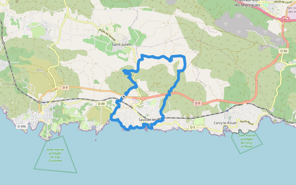 Mer et colline Valestéloué walking route map in Sausset-les-Pins