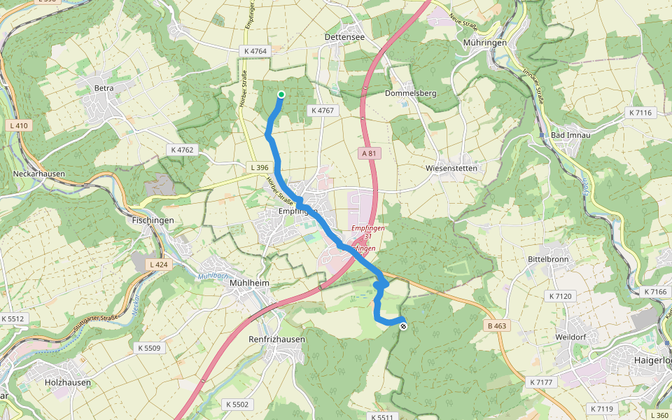 Äußerer Querweg - Horb am Neckar - Weg-4 - Weiherhof - Dettensee walking route map in Empfingen