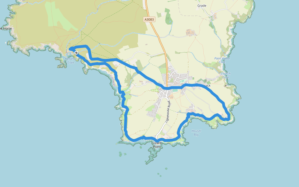 The Lizard Coastal Walk walking route map in Mullion