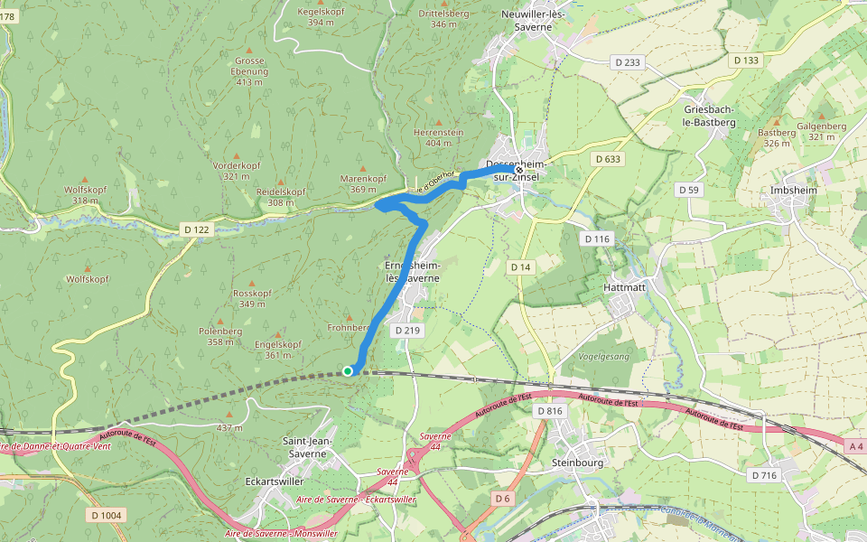 Rectangle bleu barré de blanc walking route map in Ernolsheim-lès-Saverne
