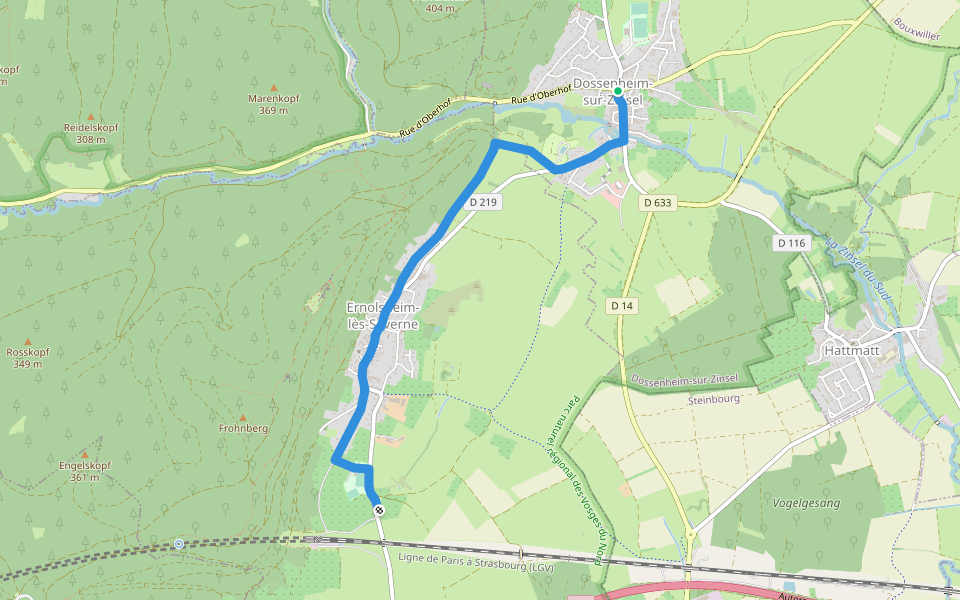 Triangle rouge walking route map in Dossenheim-sur-Zinsel