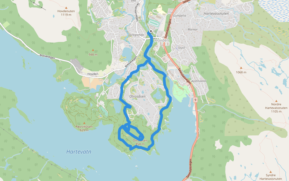 Topptur Otrosåsen walking route map in Hovden