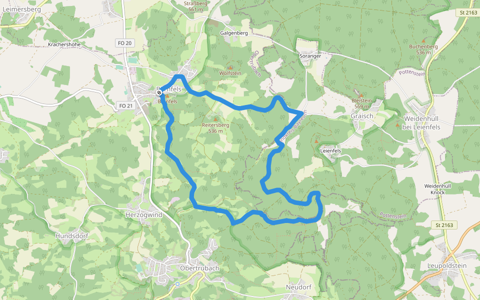 Bärnfels Rundwanderweg Leienfelser Wald walking route map in Obertrubach