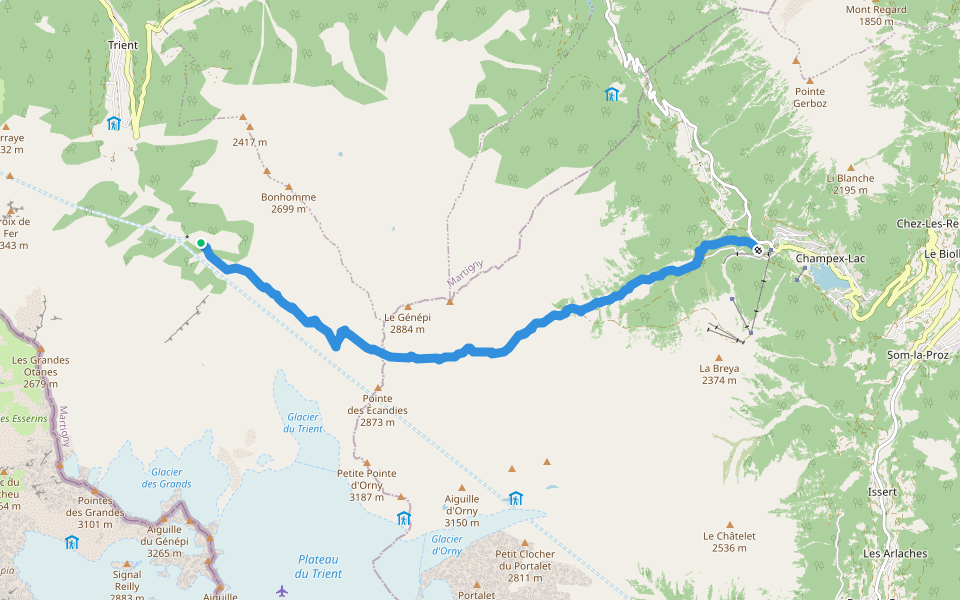 Tour Du Mont Blanc - Variante de la Fenêtre d'Arpette walking route map in Trient