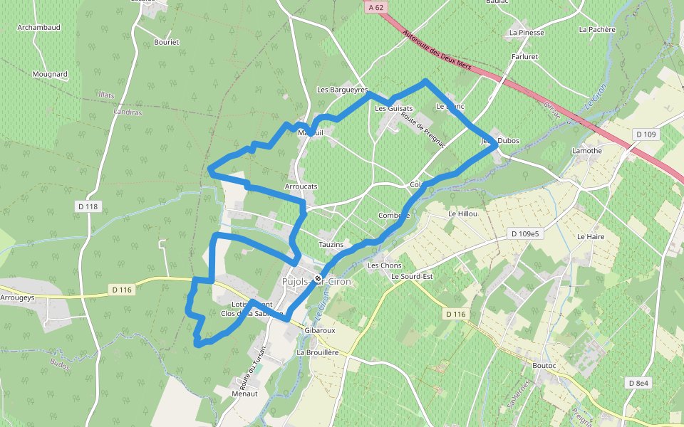 Pujols-sur-Ciron : boucle locale walking route map in Pujols-sur-Ciron